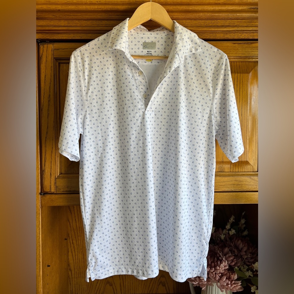 Greg Norman Playdry Collection White and Blue Patterned Golf Polo Shirt Small